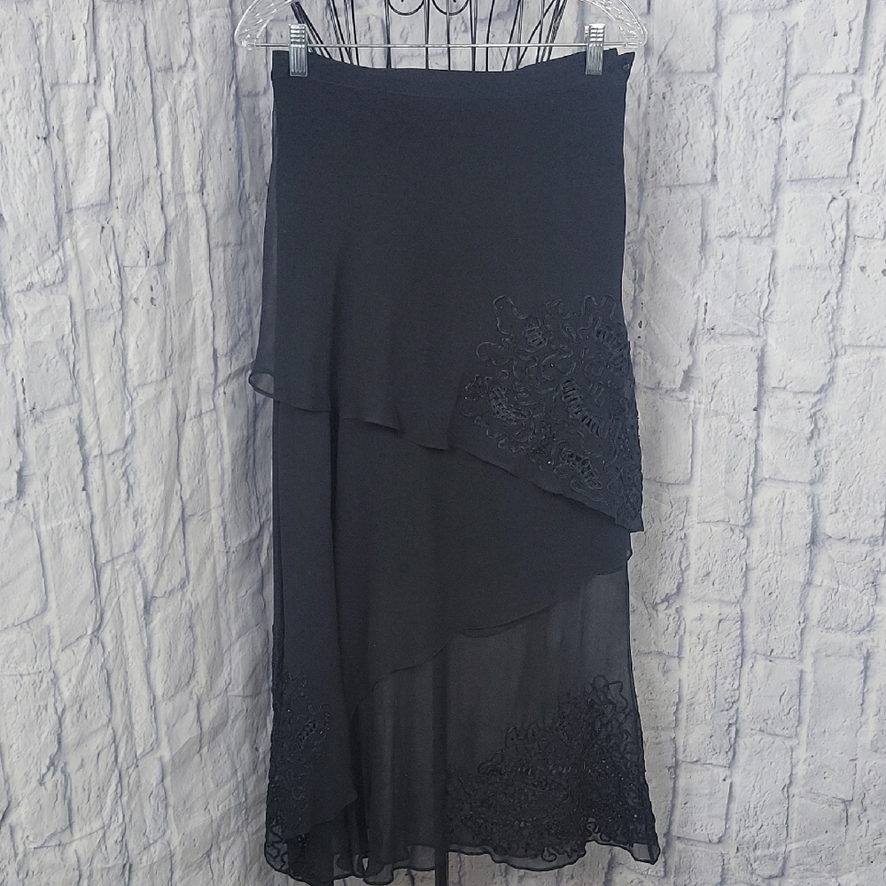 Vera Crutina Elegant Black Midi Skirt Sheer Lower Half  with Lace Detail Size 10